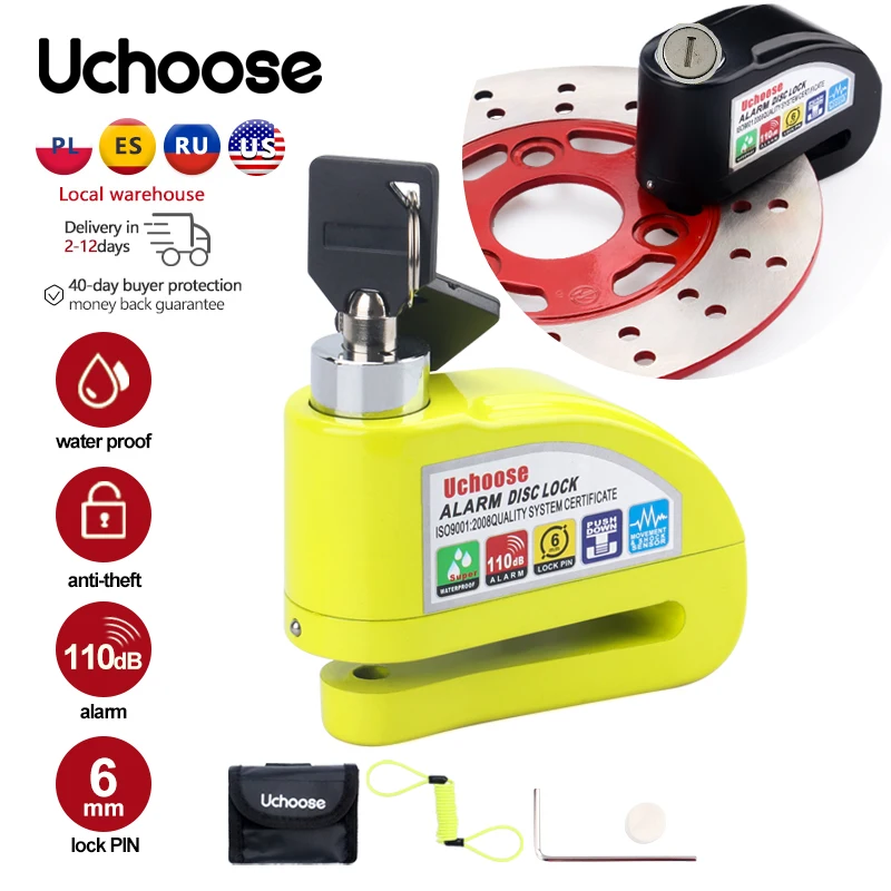 Motorcycle Disc Brake Lock Motorcycle Scooter Wheel Disc Brake Alarm Lock Aluminum Alloy Security Anti-theft Reminder Rope LockBag Spare Wrench Packages