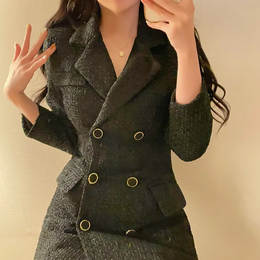 Autumn Winter Elegant Tweed Blazer Dress Double Breasted Slim Short Dresses for Women Korean Fashion Office Lady Coat Dress New