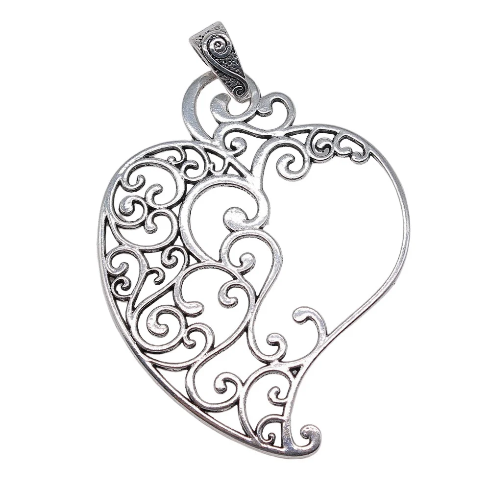 

1pcs/lot 90x61mm Carved Heart Charms For Jewelry Making Antique Silver Color 3.54x2.4inch