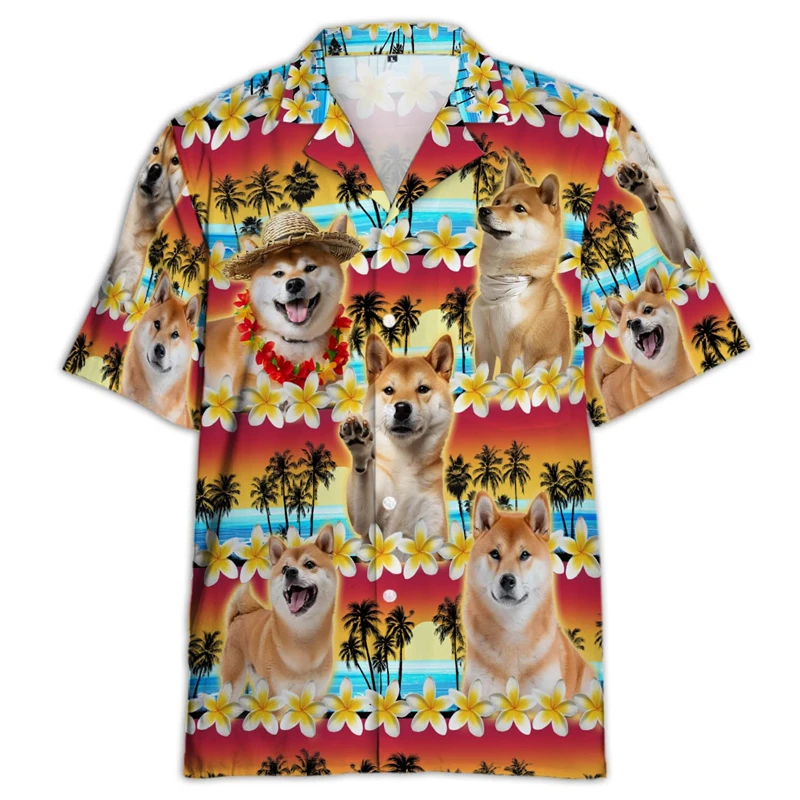 Cute Shiba Inu 3D Printed Shirts For Men Clothes Funny Dog Beach Shirt Pet Dogs Unisex Lapel Blouse Casual Hawaiian Women Tops 4