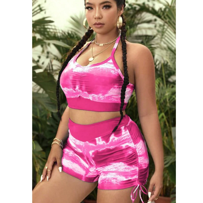 New Plus Size Swimwear Women Swimsuit Two Piece Bikini Sets Sexy Tankini Beachwear Print High Waist Shorts Sports Backless