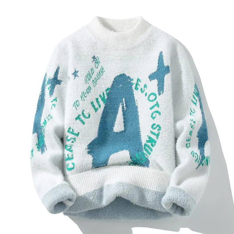 Sweaters for Men and Women CoupleOutfits Trendy Brand Bottoms Half High Necked Casual Knitwear Fashionable and Personalized Text