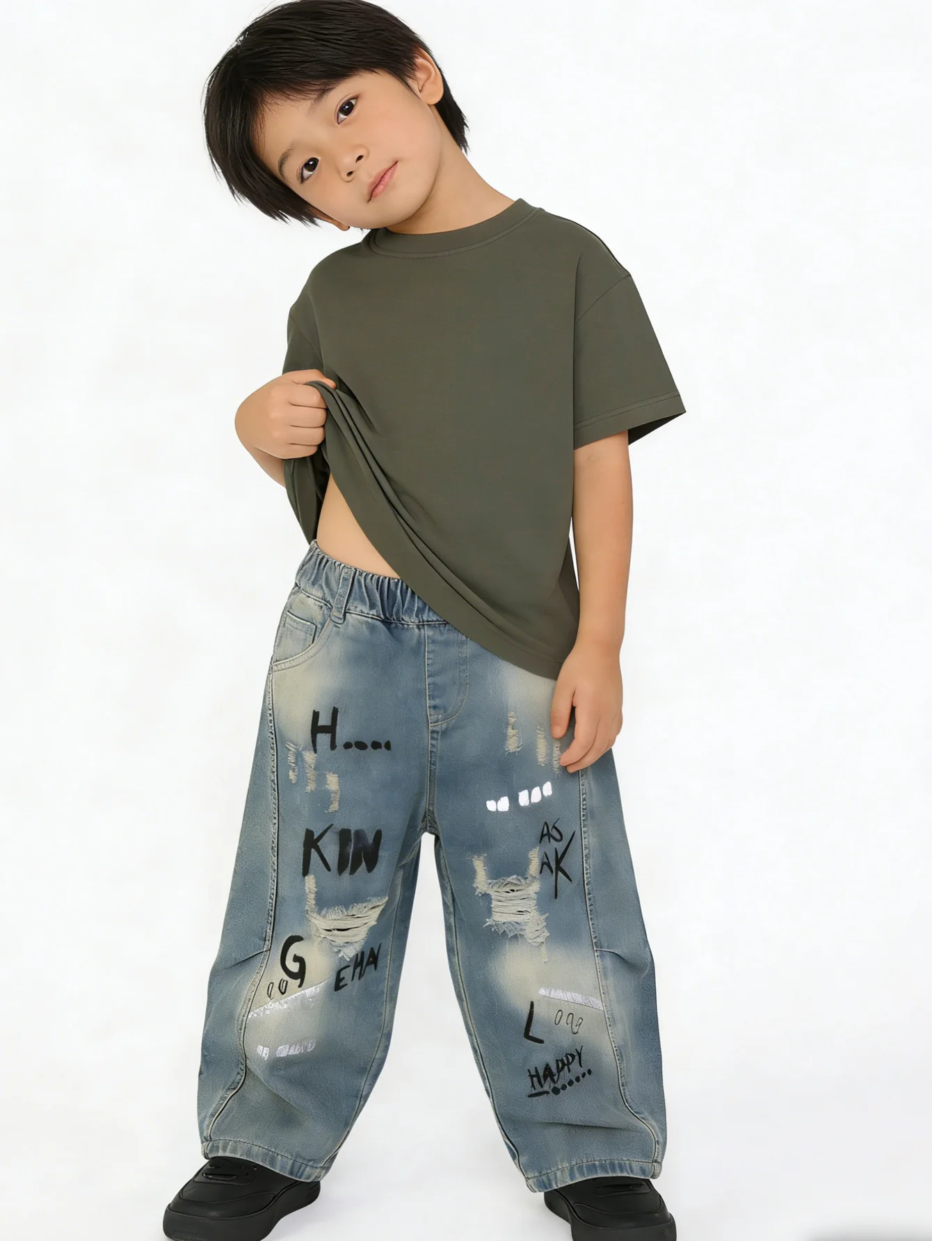 소년 빈티지 워싱 데미지 진 키즈 그래피티 프린트 와이드 레그 데님 팬츠 아동용 엘라스틱 허리 스트리트웨어 바지 2026 신상