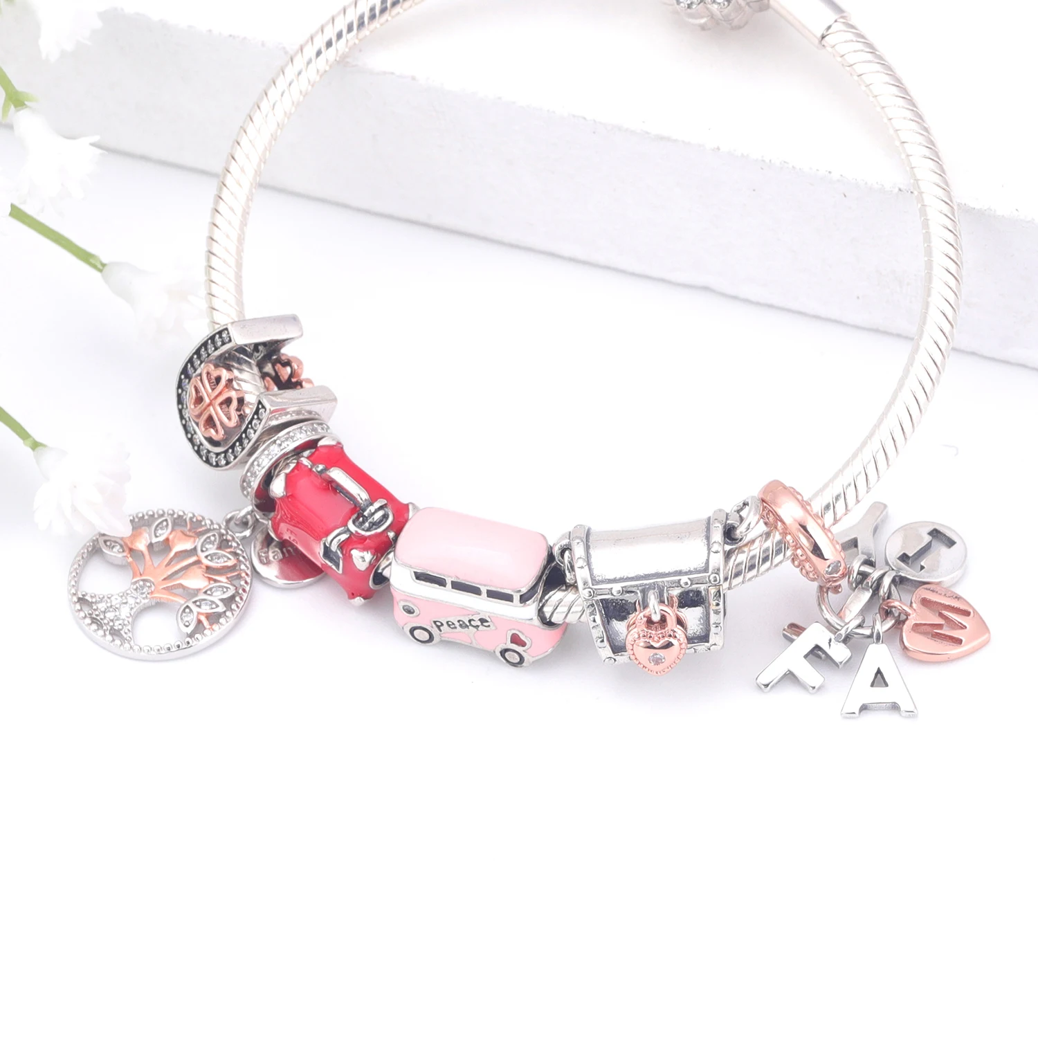 925 Sterling Silver Bead Rose Clover Horseshoe Charm Fit Pandora Bracelet Necklace DIY Women Jewelry