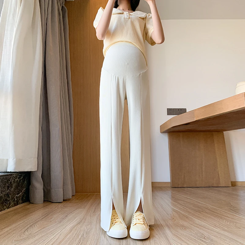 Thin Summer Pregnant Woman Belly Pants 2024 New Fashion Front Split Maternity Empired Trousers Solid Color Pregnancy Boot Cuts 4