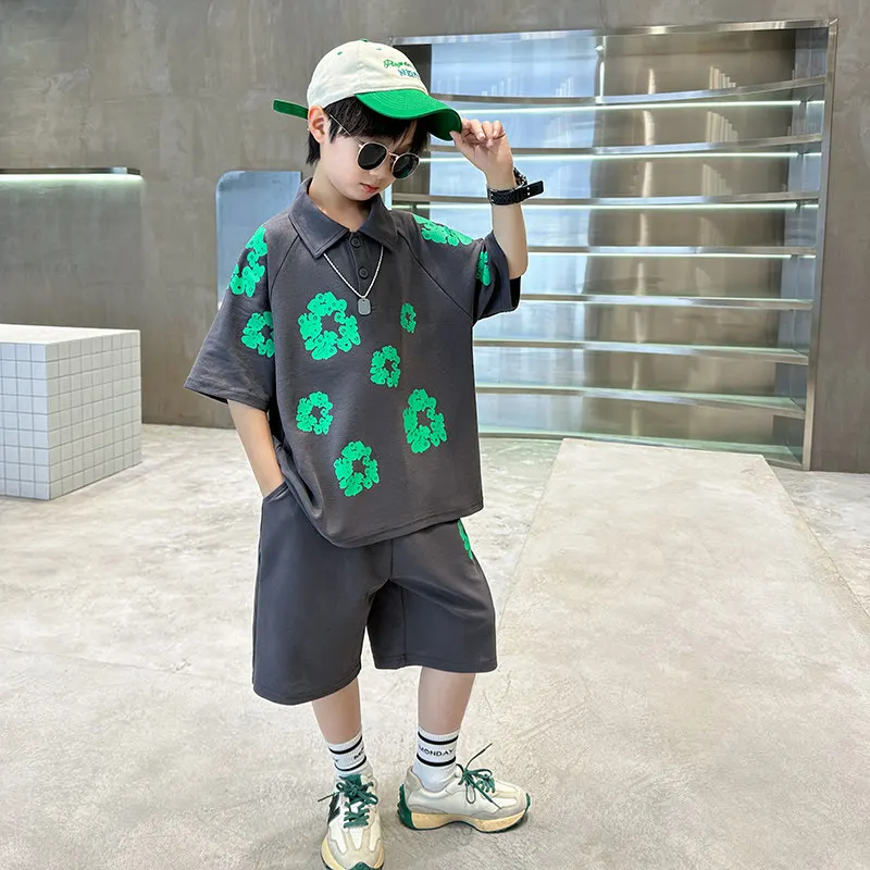 

Fashion Kids Tracksuit Boys Floral Print Short Sleeve T Shirt+Shorts 2pcs Boys Sport Suits Summer 2 Color Teenager Clothing Sets