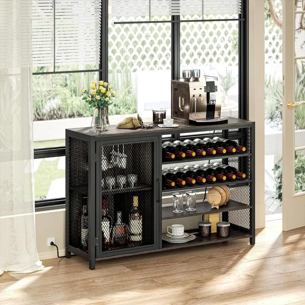 

Wine Bar Cabinet With Power Outlet Bar Wine Cabinet With RGB LED Lights for Dining Room Living Room Kitchen Brown Display Rack