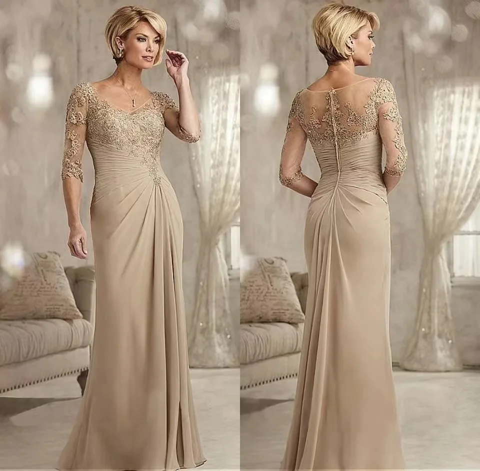 Mother of Bride Groom Dresses Beaded Lace Champagne Plus Size Chiffon Half Sleeves Evening Dress For Wedding