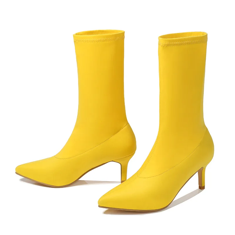Women Yellow Ankle Sock Boots 2022 New Fashion Spring Autumn Stretch Boots Chunky High Heels Pointed Toe Women Shoes