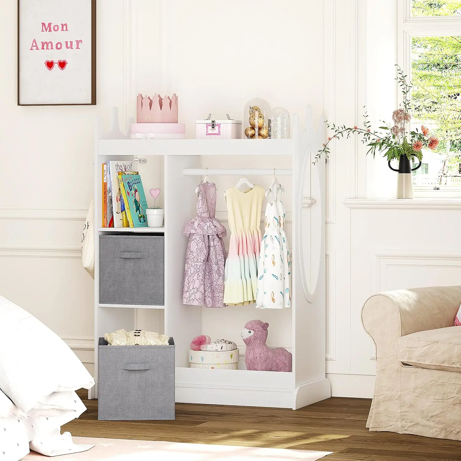 Kids Play Armoire with Mirror, Storage Bins and Closet for Dress Up and Costumes (White) 2