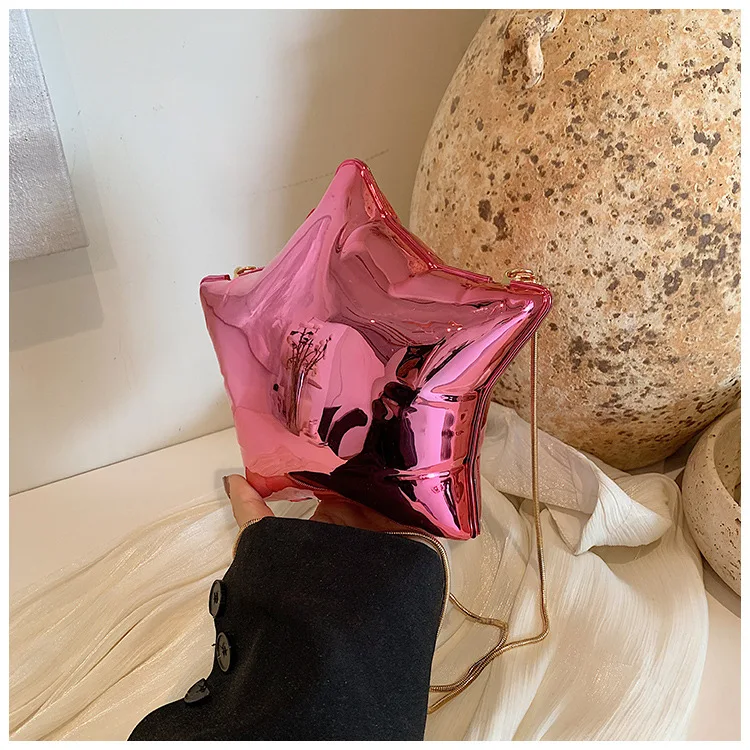 Niche Design Gold And Silver Chain Women's Evening Bag 2024 New Bright Face Five Pointed Star Shoulder Bag Funny Party Bag