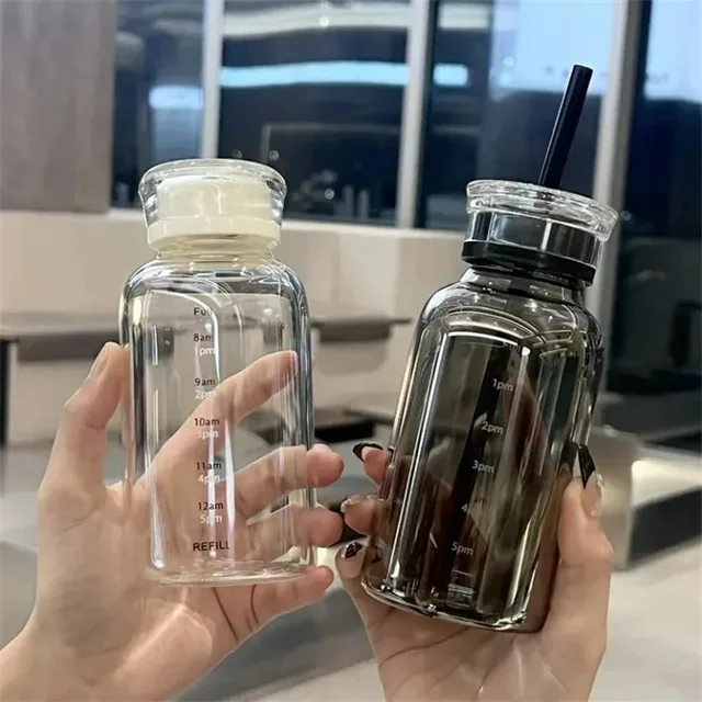 350/750ml Glass Transparent Water Bottles with Lid Straw Time Scale Milk Juice Drink Bottle Travel Coffee Mug Milk Tea Cup