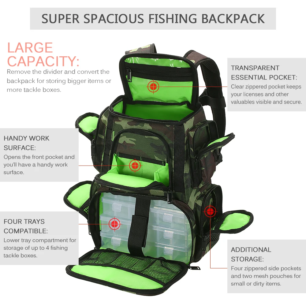 Lixada Fishing Backpack Waterproof Fishing Lures Reel Bag Adjustable Straps  Fish Tackle Storage Bag +Fishing Tackle Boxes