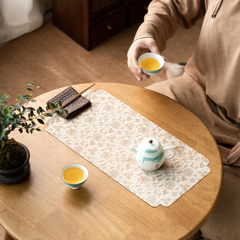 Double Sided Woven Brocade Tea Mat New Chinese Style Dry Foam Table Mat for Household Use Waterproof Rectangular Fabric Mat