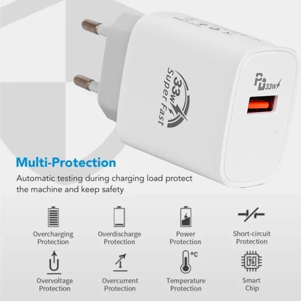 33W Fast Charger + 7A Type C Cable Mobile Phone Wall Chargers For Samsung Xiaomi OPPO EU/US/UK Plug USB Quick Charging Adapter