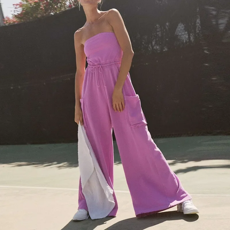 Strapless Tube Jumpsuit Sleeveless Solid Color Adjustable Drawstring Playsuit Elastic Waistband Slouchy Wide Legs Romper YDL44