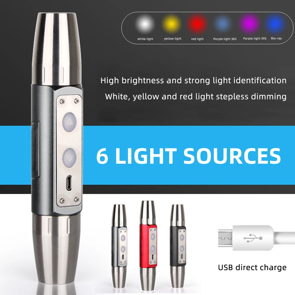 

Jade Identification Flashlight 6 Light Sources Waterproof Jade Inspection Torch Aluminum Alloy USB Charging UV Jade Light