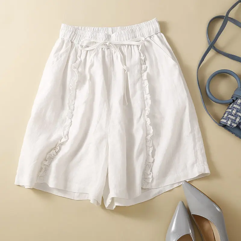 2022 Summer New Solid Color Aesthetic Casual Shorts Women Cotton Hemp Fungus Loose Wide-leg Pants Design Ethnic Style Trousers