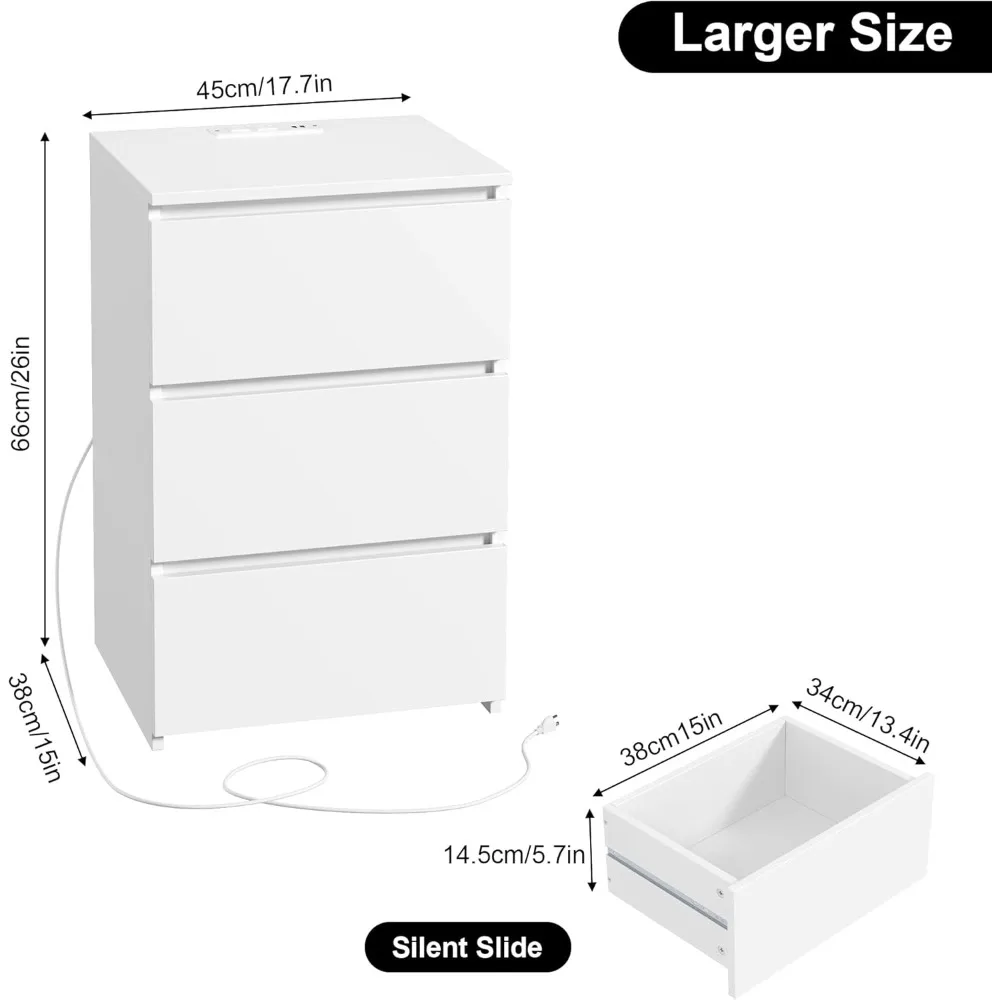 White Nightstand, 26" H White Night Stand with Charging Station, White Nightstand with USB Ports & Power Outlets, Silent Slides 2