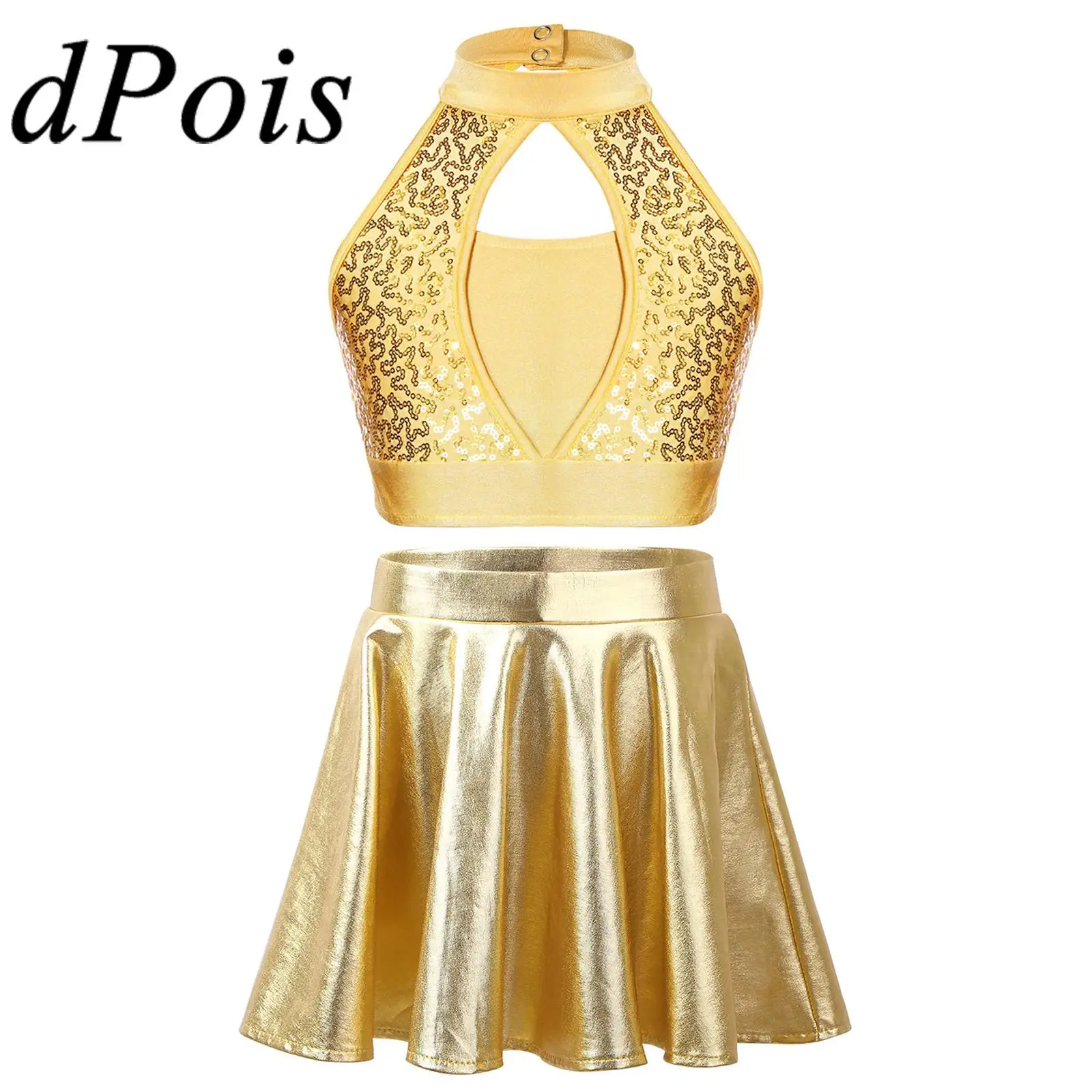 

Kids Girls Two-Piece Cheerleading Uniform Outfits Sequin Sleeveless Crop Top with Metallic Skirt Childs Jazz Dance Costume Sets