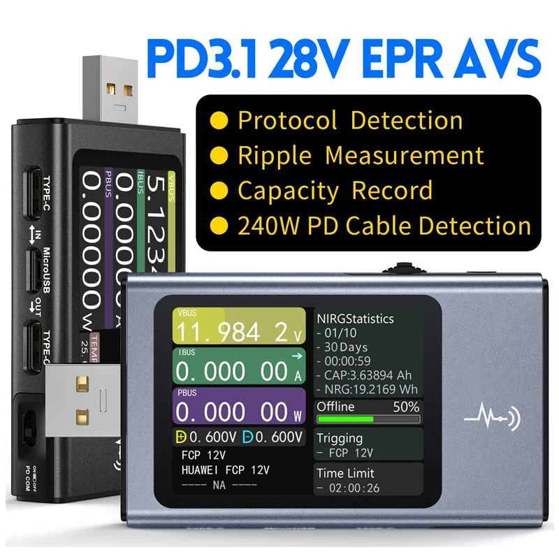 

USB Battery Tester Voltmeter Ammeter TYPE-C Fast Charge Detection Trigger Capacity Measurement Ripple Measurement QC/PD Output