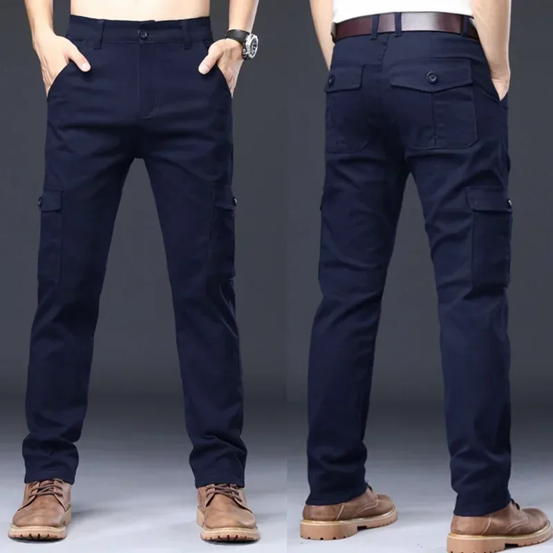 Spring Autumn Men's Cargo Pants Mens Casual Multi Pockets Military Large Size Tactical Trousers Men Cotton Straight Pants Black