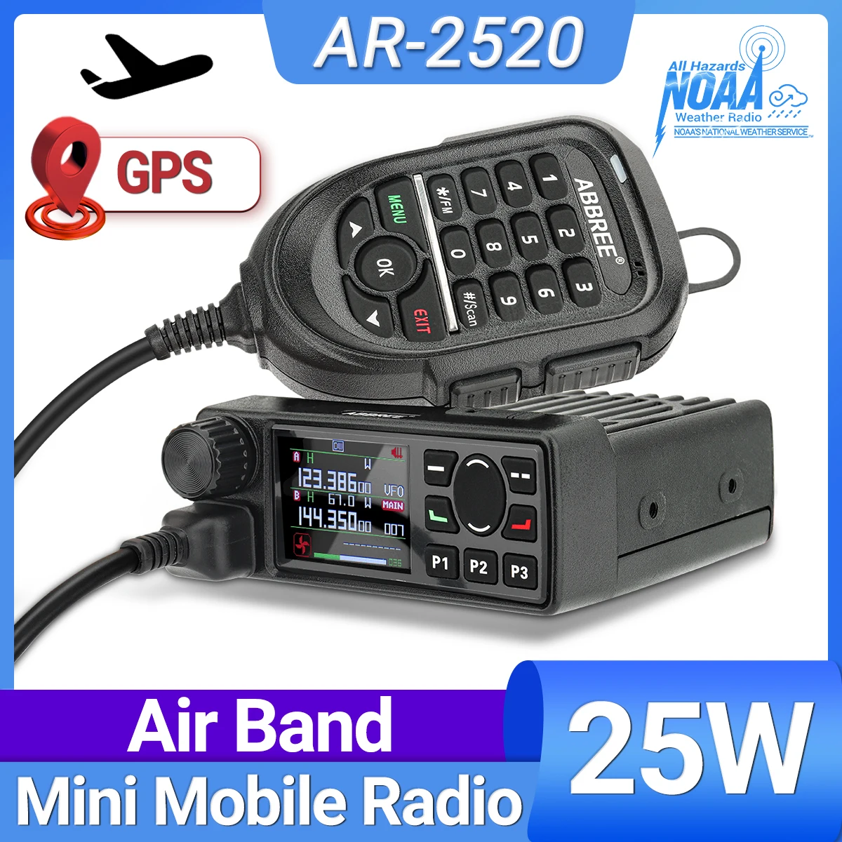 ABBREE AR-2520 25W mobie Rádióadó Szellőztet Vékony érccsík 108-520mhz Hiánytalan Érlelődik 999 channels Dilettáns GPS Rádióadó autó Rádióadó Megállóhely vel mic