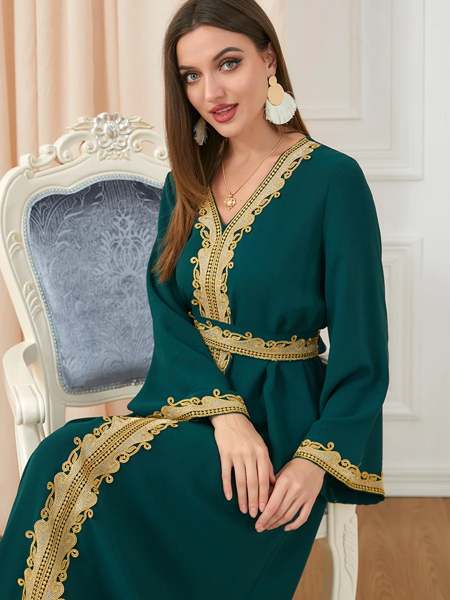 Dresses For Muslim Women Lace Embroidery V-Neck Long Sleeve Party Maxi Dress With Belt Elegant Moroccan Kaftan Turkey Wears