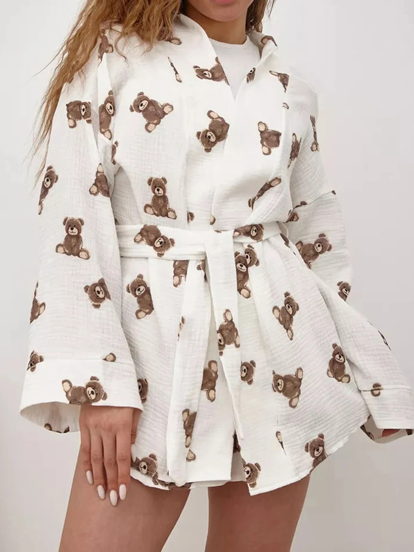 Marthaqiqi Printing Female Sleepwear Set Long Sleeve Lace Up Nightwear Sexy V-Neck Nightgowns Shorts Casual Women'S Nightie Suit