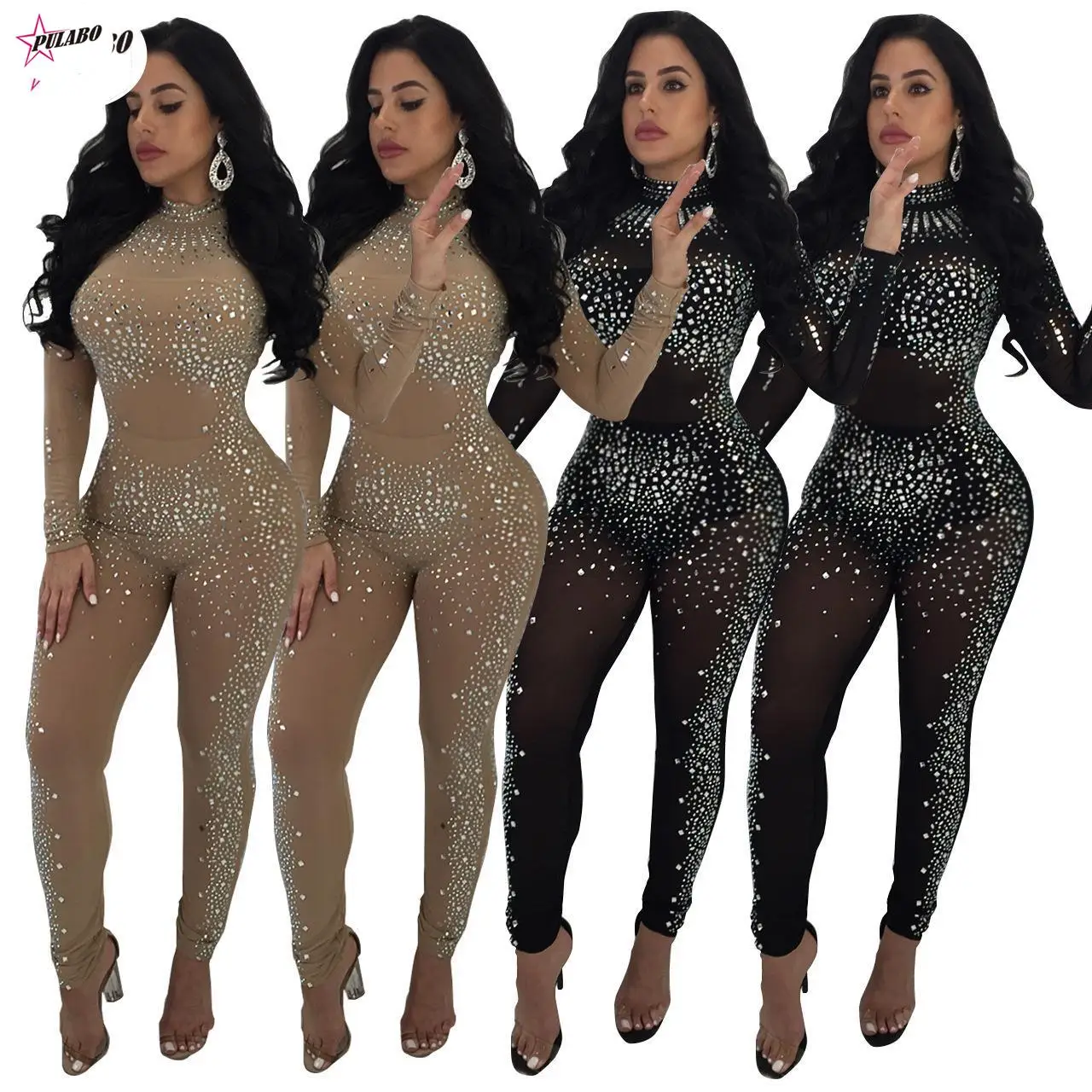 

Woman Elegant See Through Mesh Sexy Party Sequin Long Jumpsuit For Women Female Romper Pants One-piece Bodysuit Club Outfits