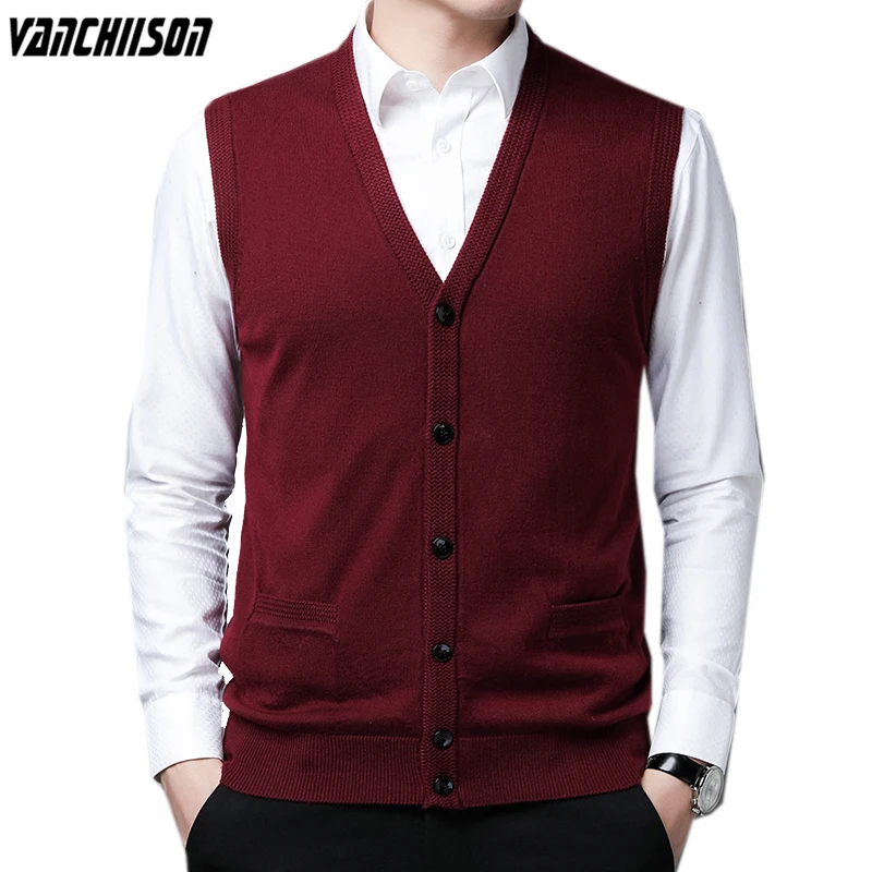 Men 50% Wool Vest Sleeveless Knit Buttons Down Basic Sweater Cardigan for Autumn Winter Pocket Male Fashion Casual 00450