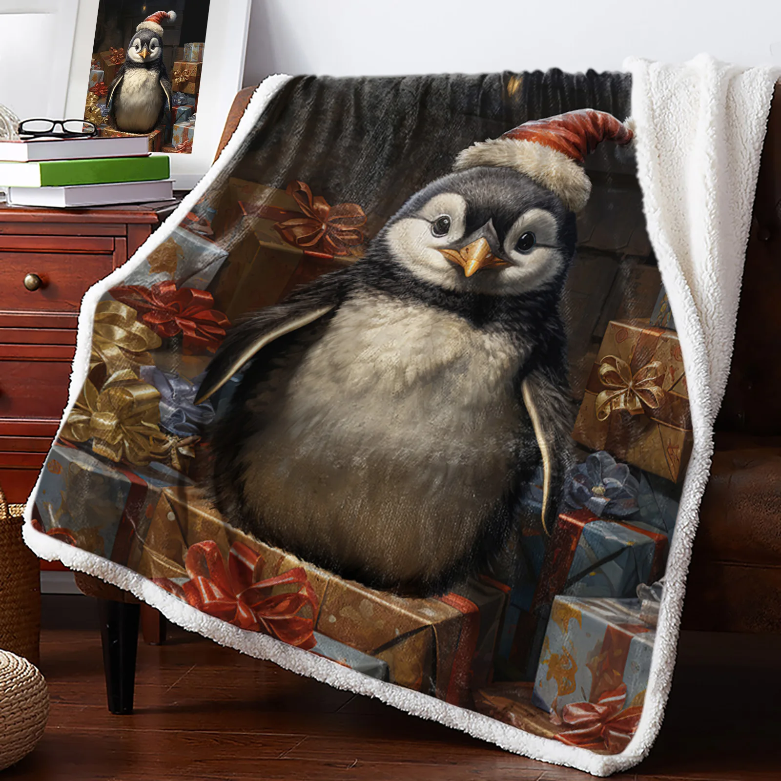 

Christmas Oil Painting Gift Penguin Cashmere Blanket Winter Warm Soft Throw Blankets for Beds Sofa Wool Blanket Bedspread