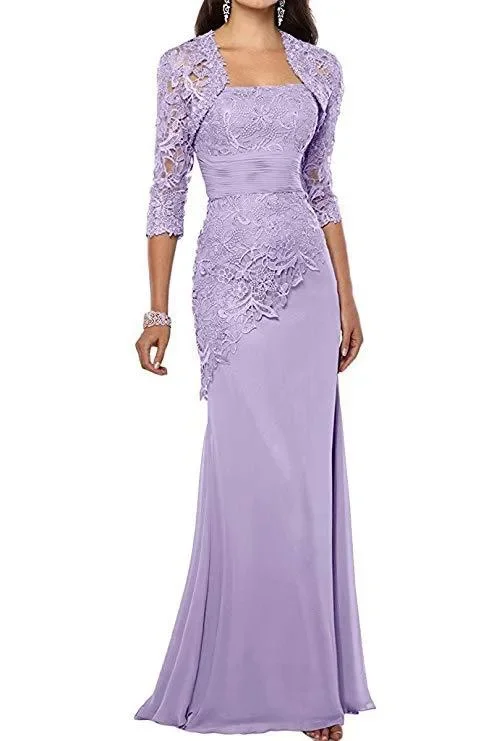 Mother of Bride Dresses Chiffon Lace with Jacket Applique Three Quarter Long Sleeves Mermaid Evening Gowns