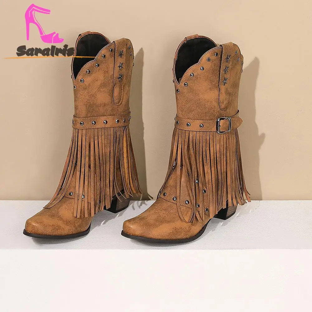 

SaraIris Cowboy Western Boots New Fashion Trendy Vintage Retro Pointed Toed Cowgirl Tassel Buckle Metal Star Decor Western Boots