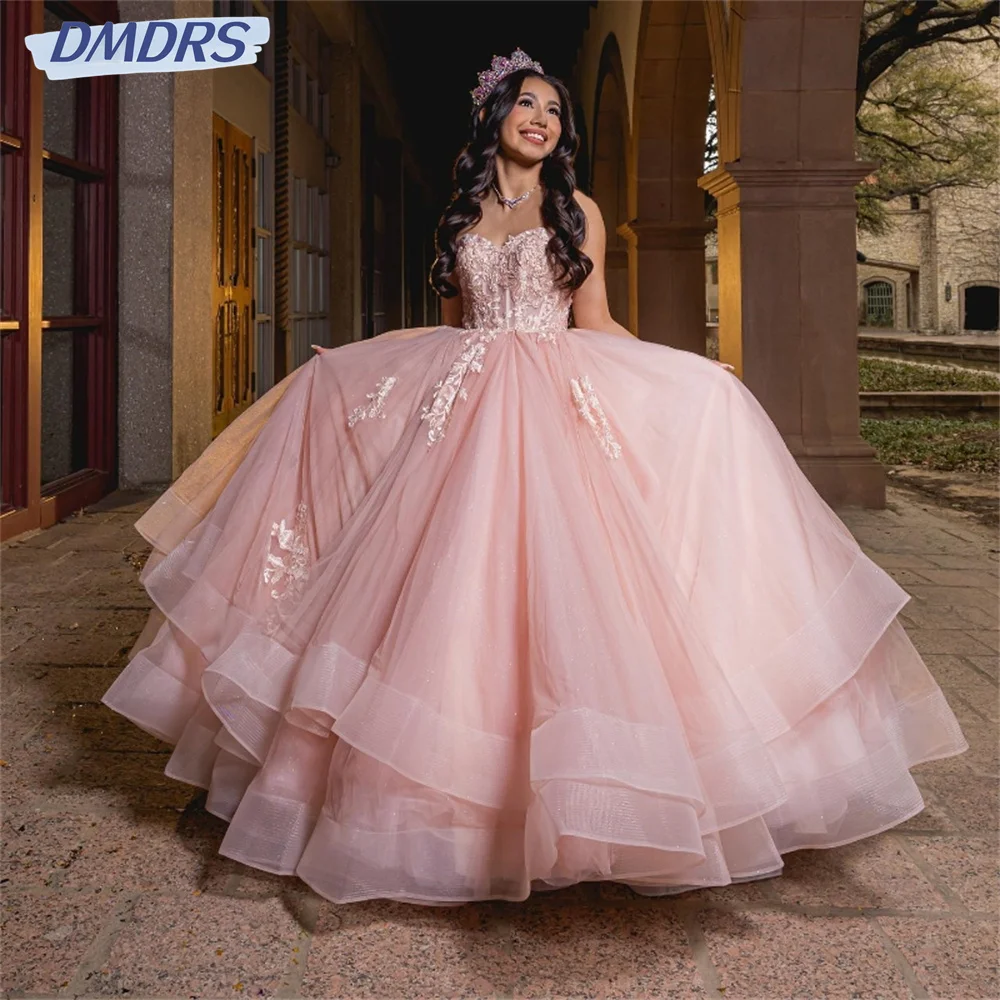 Sparkly Sweetheart Quinceanera Dress 2024 Luxury Ball Gown Princess Chapel Train Flower Applique Sweet 15 16 Birthday Party Gown