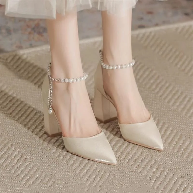 Elegant Pearl-Embellished Satin Heels - 5cm Chunky Low Heel Bridal Shoes with Adjustable Ankle Strap 2026