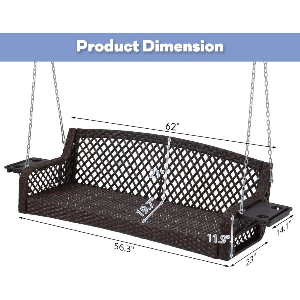 3 Seat Porch Swing, Wicker Patio Swing with Cup Holders & 3 Back Cushions, Yard Swing with Chains for Deck Garden Backyard 2