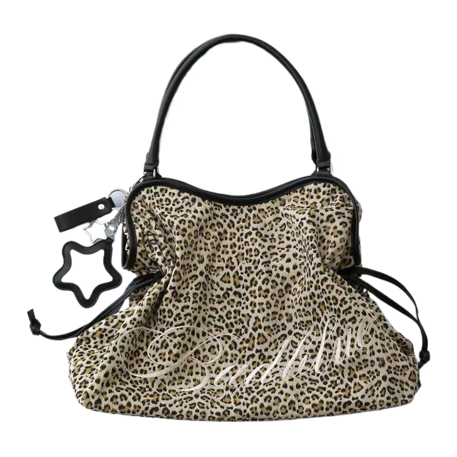 Y2K BadBlue bestickte Tragetasche mit Leopardenmuster, große Schultertasche mit Sternspiegelanhänger, koreanische trendige Damenhandtasche – Detail 7