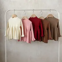 Autumn Infant Baby Girl Dress Cotton Solid Long Sleeve Newborn Girls Princess Dress Flare Cuff Knitted Ruched Toddler Girl Dress 1