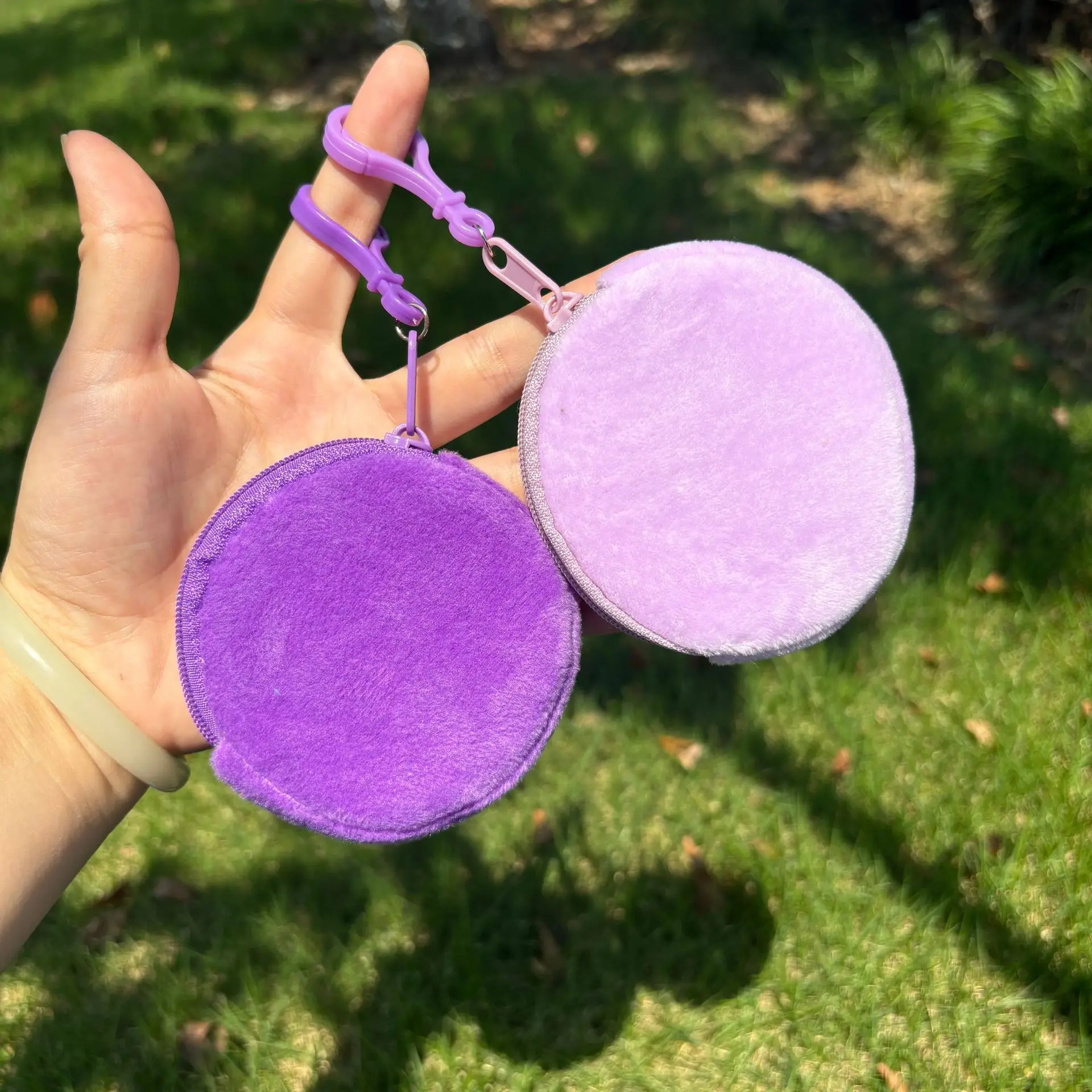 Fashionable Soft Plush Round Coin Purse with Carabiner Clip