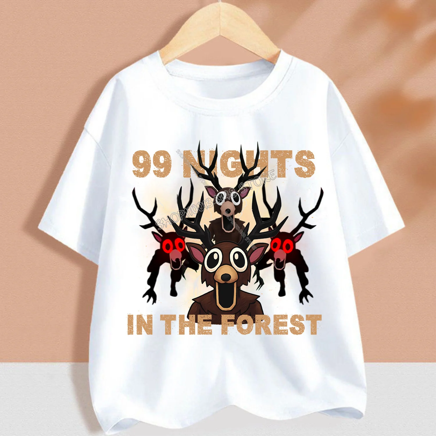 Children's Cartoon Forest Adventure White T-Shirt - Round Collar Anime Tee for Boys and Girls