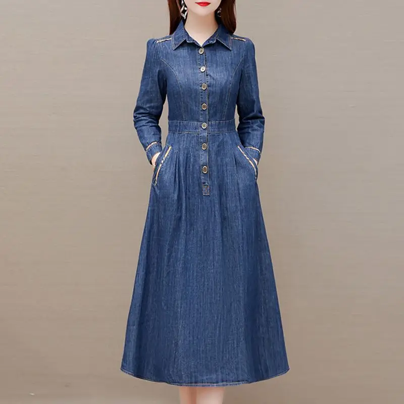 Long Sleeved Denim Dress For Women Spring Autumn Vintage Single Breased Jean Dress Casual Blue Party Dress Vestidos  4XL banulin 2022 spring autumn formal dress women long sleeve three dimensional flower notched v neck office lady party vestidos