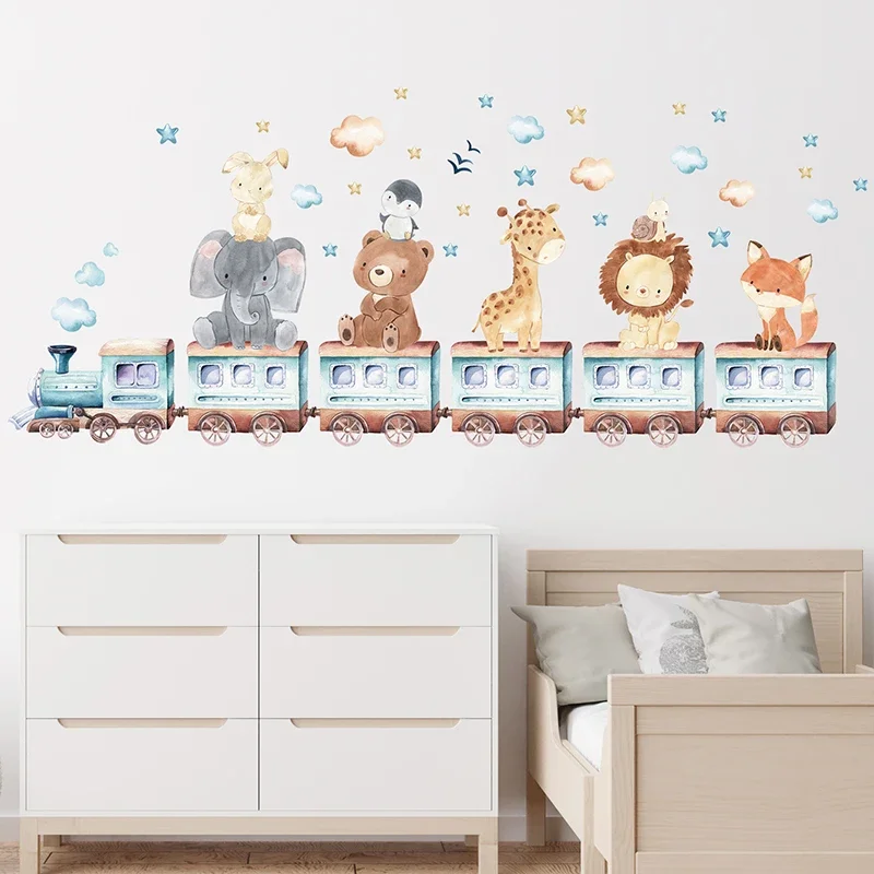 Watercolor Cartoon Animals on the Train Bear Elephant Giraffe Wall Stickers for Kids Room Baby Nursery Room Bedroom Wall Decals