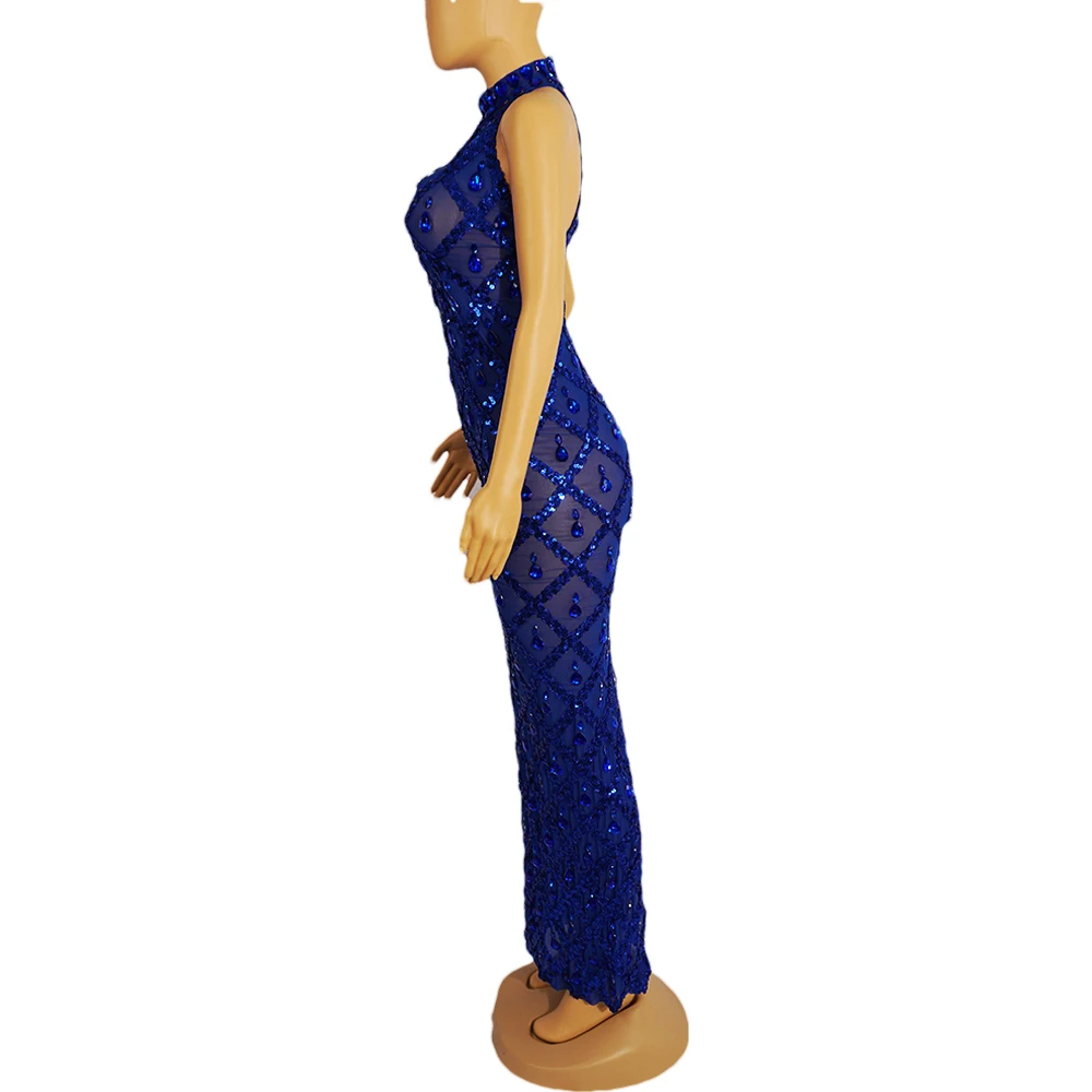 Blue Stones dress MermaidBodycon Halter Sleeveless Ballroom Evening Dress Festival Clothing Rhinstone Prom Special Ocassion Show