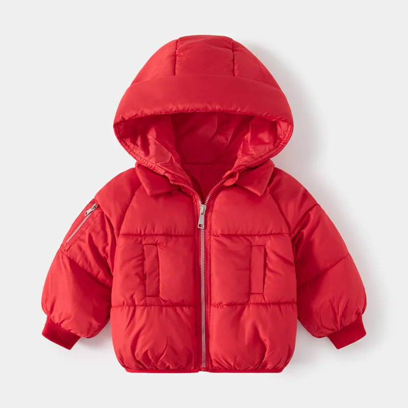 Winter New Children's Solid Color Hooded Warm and Fashionable Plush and Thick Cotton Jacket Long Sleeved Zippered Cotton Jacket