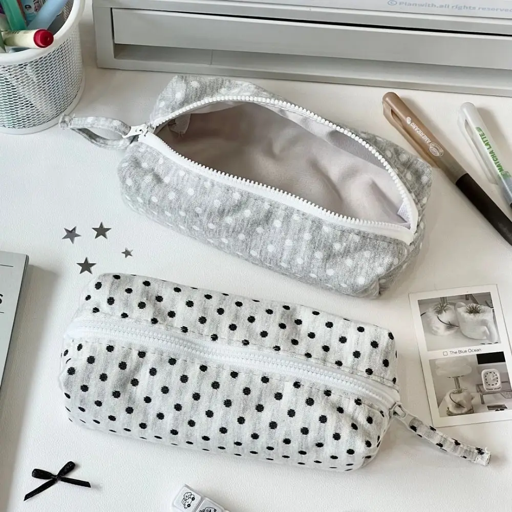 한국식 폴카 도트 디자인 연필 케이스 대용량 소프트 터치 펜 가방 문구류 보관 가방 선물