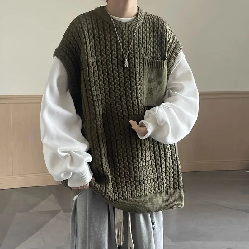 Men Japan Style Vintage Sweater Vest Basic Solid Color Autumn Winter Loose Pockets Spliced Knitted