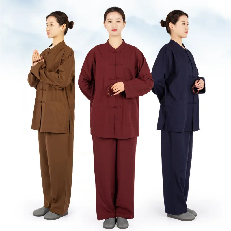 Buddhist Layman Clothes Set Top and Pants 4 Colors Haiqing Adults Meditation Clothes Traditional Chinese Nun Monk Suit