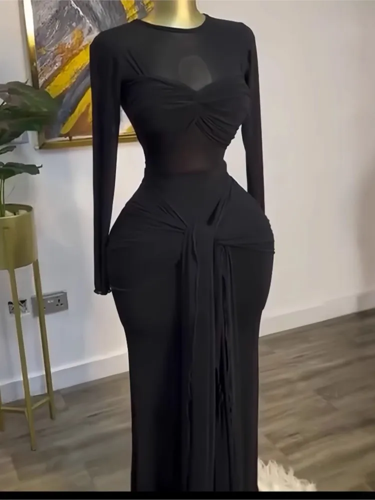 New Women's Long Dresses Sexy Round Neck Full Sleeve High Waist Elegant Splice Bodycon Evening Vestidos Maxi Party Night Dress 3