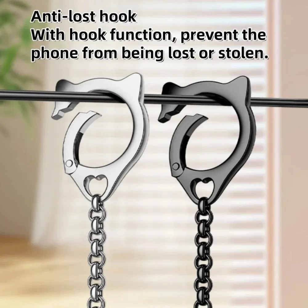 Chic Cat Design Metal Phone Case with Lanyard & Versatile Chain Strap Accessory